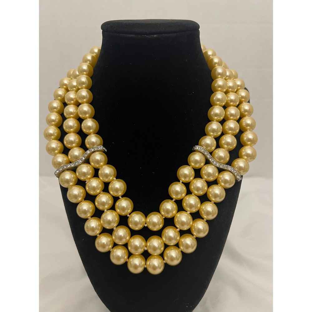 Vintage Jackie Kennedy Style 3-Strand Glass Pearl Necklace Statement Rhinestone